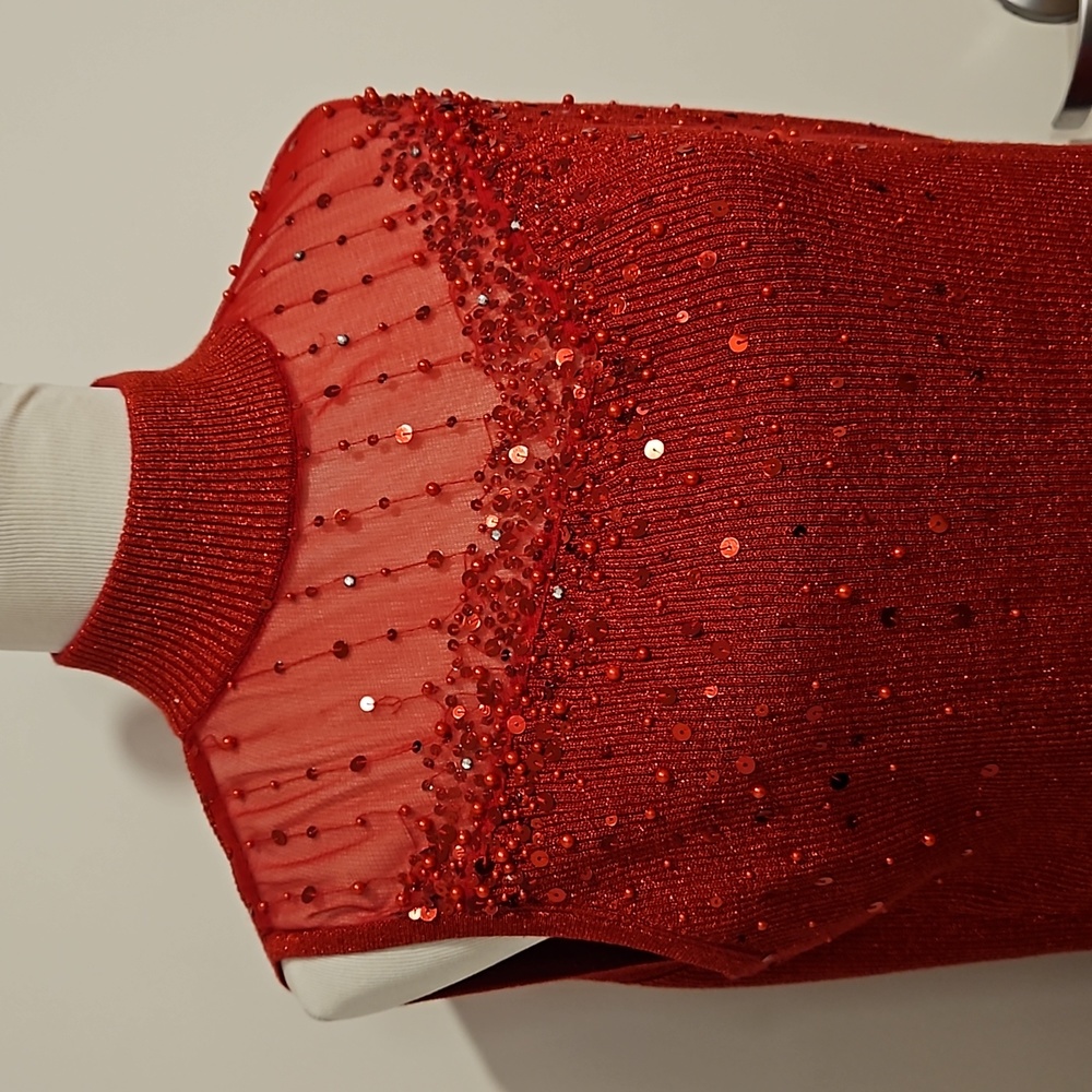dressbarn red sequin beaded embellished mesh inlay red sparkle tank 14/16 EUC